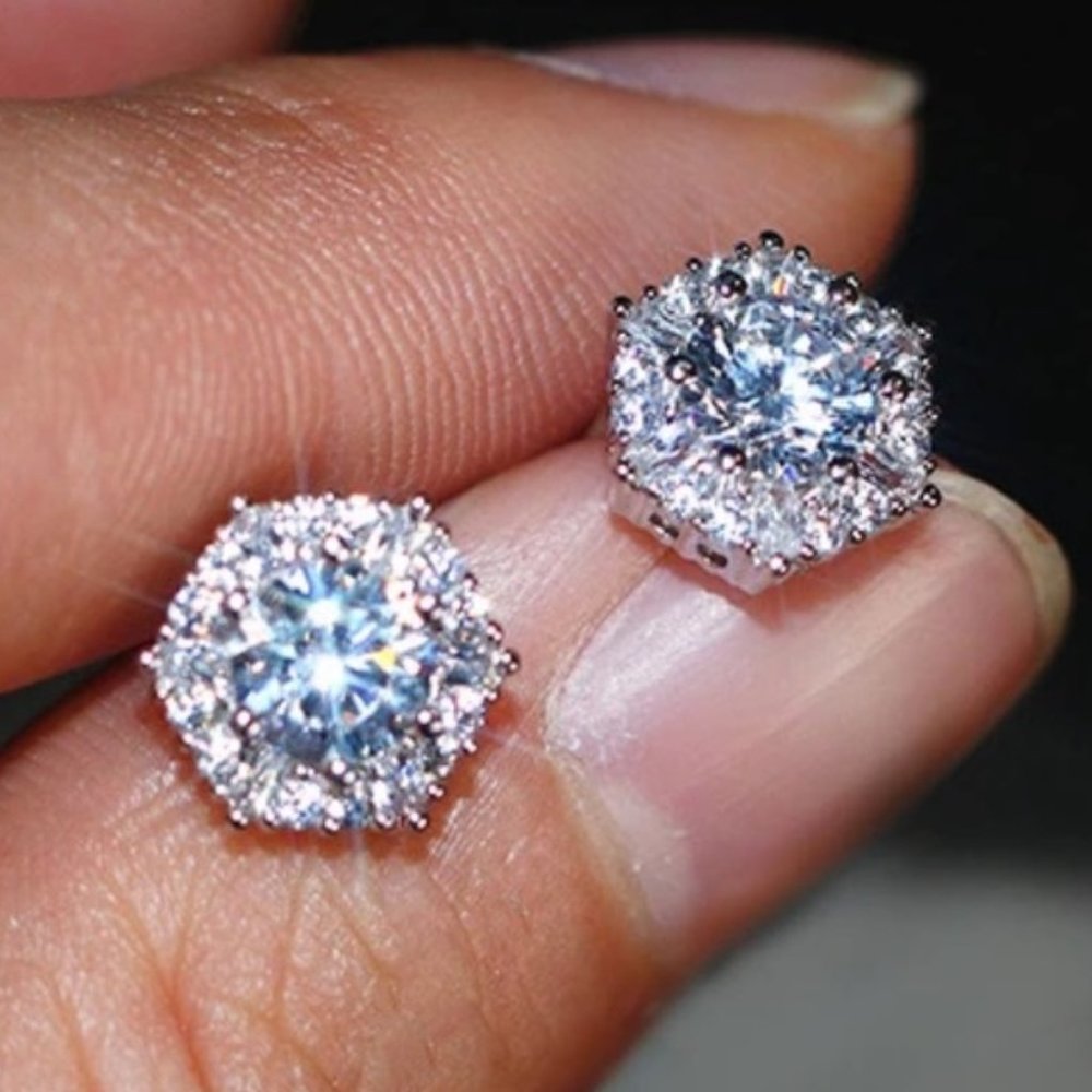 NEW Hexagon Cut Diamond Halo Silver Stud Earrings - Picture 2 of 6